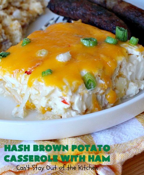 Hash Brown Potato Casserole with Ham | Can't Stay Out of the Kitchen | this amazing #HashBrownCasserole is filled with #ham, #CreamCheese & #CheddarCheese. It's a souffle-type casserole that's absolutely scrumptious. It's perfect for a #holiday #breakfast like #MothersDay or #FathersDay. #cheese #HashBrowns #HashBrownPotatoCasserole #GlutenFree #HolidayBreakfast #HolidayCasserole #GlutenFreeCasserole #GlutenFreeBreakfastCasserole #pork #MothersDayBreakfast #FathersDayBreakfast