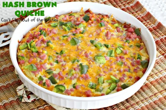 Hash Brown Quiche | Can't Stay Out of the Kitchen | this easy #quiche #recipe uses a #hashbrown crust. It's terrific for a #holiday #breakfast. #ham #cheddarcheese #glutenfree #pork #glutenfreequiche #HolidayBreakfast