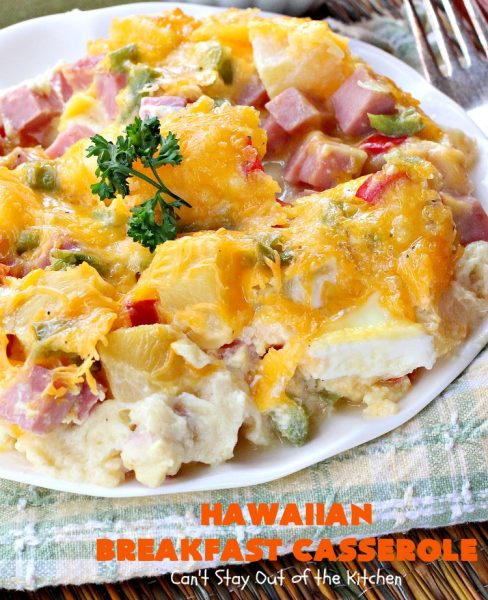 Hawaiian Breakfast Casserole | Can't Stay Out of the Kitchen | this heavenly #breakfast #casserole is made with #ham, #KingsHawaiianRolls, #pineapple & lots of #cheddarcheese. It's terrific for #holidays like #Christmas, #NewYearsDay & special occasion breakfasts. #pork #breakfastcasserole #HolidayBreakfast #ChristmasBreakfast #NewYearsDayBreakfast #Hawaiian 