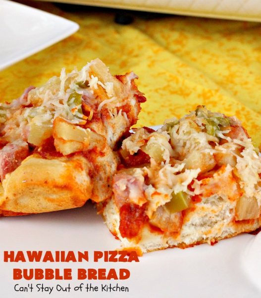 Hawaiian Pizza Bubble Bread | Can't Stay Out of the Kitchen | this easy 6-ingredient recipe can be served as a #bread, an #appetizer, or a #pizza main dish. It's incredibly good and terrific for #tailgating or #SuperBowl parties. #ham #mozzarella