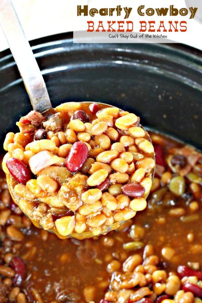 Hearty Cowboy Baked Beans | Can't Stay Out of the Kitchen | the most spectacular #bakedbeans #sidedish you'll ever eat! This one's filled with #groundbeef #bacon and 6 kinds of #beans! 