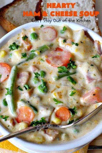 Hearty Ham and Cheese Soup | Can't Stay Out of the Kitchen | this fantastic #soup started out with leftover #ham from the #holidays! It's chocked full of #veggies & seasoned to perfection. Terrific for cold, dreary winter nights when you want to warm up! #peas #corn #greenbeans #carrots #redpotatoes #mushrooms #cheddarcheese #HamSoup #pork #HamandCheeseSoup