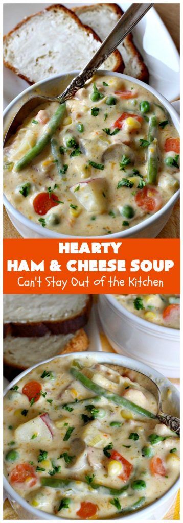 Hearty Ham and Cheese Soup | Can't Stay Out of the Kitchen | this fantastic #soup started out with leftover #ham from the #holidays! It's chocked full of #veggies & seasoned to perfection. Terrific for cold, dreary winter nights when you want to warm up! #peas #corn #greenbeans #carrots #redpotatoes #mushrooms #cheddarcheese #HamSoup #pork #HamandCheeseSoup