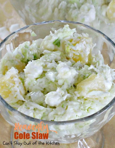 Heavenly Cole Slaw | Can't Stay Out of the Kitchen | this fantastic version of #coleslaw has #marshmallows & #pineapple. Perfect #salad for #MemorialDay & other summer #holidays. #cabbage #glutenfree