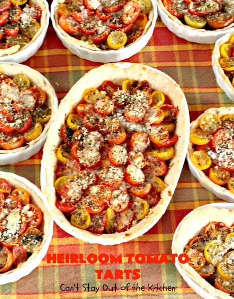 Heirloom Tomato Tarts | Can't Stay Out of the Kitchen | these fantastic #tarts use baby Heirloom #Tomatoes, four kinds of #cheese & they're seasoned to perfection. They're so mouthwatering your family will want you to make them often! #Asiago #Parmesan #Fontina #Romano #mushrooms #HeirloomTomatoes #TomatoPie #HeirloomTomatoTarts