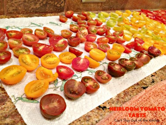 Heirloom Tomato Tarts | Can't Stay Out of the Kitchen | these fantastic #tarts use baby Heirloom #Tomatoes, four kinds of #cheese & they're seasoned to perfection. They're so mouthwatering your family will want you to make them often! #Asiago #Parmesan #Fontina #Romano #mushrooms #HeirloomTomatoes #TomatoPie #HeirloomTomatoTarts