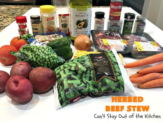 Herbed Beef Stew | Can't Stay Out of the Kitchen | our company raved over this #BeefStew. It's hearty, filling & so satisfying. It's chocked full of #potatoes, #carrots, #GreenBeans, #Corn, #Peas, #Tomatoes & #Mushrooms. Absolutely delicious! #Beef #GlutenFree #HerbedBeefStew #CompanyBeefStew 