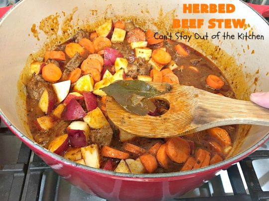 Herbed Beef Stew | Can't Stay Out of the Kitchen | our company raved over this #BeefStew. It's hearty, filling & so satisfying. It's chocked full of #potatoes, #carrots, #GreenBeans, #Corn, #Peas, #Tomatoes & #Mushrooms. Absolutely delicious! #Beef #GlutenFree #HerbedBeefStew #CompanyBeefStew 