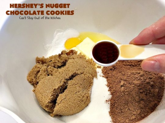 Hershey's Nugget Chocolate Cookies | Can't Stay Out of the Kitchen | these fantastic #chocolate #cookies have #HersheysNuggets added to the dough. Terrific way to use up #Halloween candy. #dessert