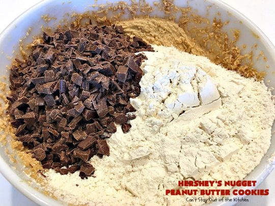 Hershey's Nugget Peanut Butter Cookies | Can't Stay Out of the Kitchen | favorite #peanutbutter #cookies with milk #chocolate #Hersheys Nuggets added! Amazing #dessert.