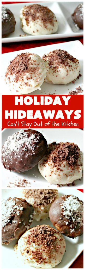 Holiday Hideaways | Can't Stay Out of the Kitchen | these scrumptious #cookies have a #maraschinocherry hidden inside each one! Then they're dunked in #chocolate or #vanilla bark before sprinkling with additional bark shavings. So festive & beautiful for #holiday or #Christmas #baking. #Christmas #ChristmasDessert #ChristmasCookieExchange #cherries #ChocolateDessert #CherryDessert #dessert