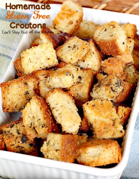 Homemade Gluten Free Croutons | Can't Stay Out of the Kitchen | these garlicky #croutons use #glutenfree bread, #Italianseasoning & parsley and are filled with flavor. So easy and delicious. Serve with your favorite #soup or #salad.