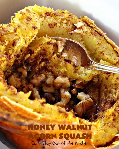 Honey Walnut Acorn Squash | Can't Stay Out of the Kitchen | this super easy 5-ingredient #sidedish is a fabulous way to use #AcornSquash. We especially love this for #Thanksgiving and #Christmas dinners. #holiday #casserole #holidaysidedish #glutenfree #walnuts #glutenfreesidedish