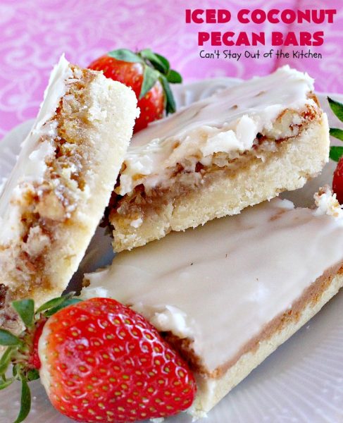 Iced Coconut Pecan Bars | Can't Stay Out of the Kitchen | this fabulous #cookie has a #coconut & #Pecan filling & a lovely citrus icing. Perfect for summer #holiday parties. #dessert