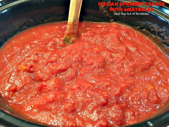 Italian Spaghetti Sauce with Meatballs | Can't Stay Out of the Kitchen | our favorite #spaghetti recipe. This one's made in the #crockpot. I substituted #glutenfree breadcrumbs in the #meatballs & GF #pasta. So good. #beef
