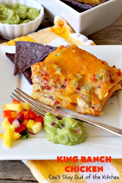 King Ranch Chicken | Can't Stay Out of the Kitchen | this #Texas favorite is easy as well as mouthwatering & delicious. It's terrific for company dinners. Everyone always raves over it when I make it. #Chicken #RoTel #tortillas #TexMex #CheddarCheese #casserole 