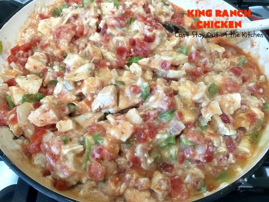 King Ranch Chicken | Can't Stay Out of the Kitchen | this #Texas favorite is easy as well as mouthwatering & delicious. It's terrific for company dinners. Everyone always raves over it when I make it. #Chicken #RoTel #tortillas #TexMex #CheddarCheese #casserole 