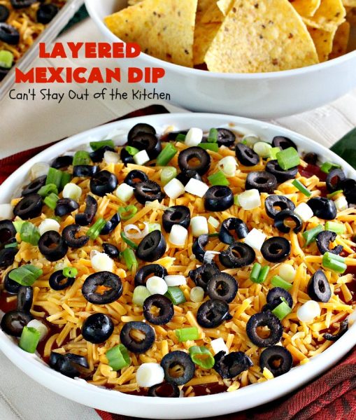 Layered Mexican Dip | Can't Stay Out of the Kitchen | this super easy 5-ingredient #appetizer can be made in a jiffy! It's perfect for #tailgating parties, potlucks, grilling out or anytime you're getting together with company. Everyone always loves it! #salsa #TexMex #cheddarcheese #EasyAppetizer #EasyTexMexAppetizer #LayeredMexicanDip