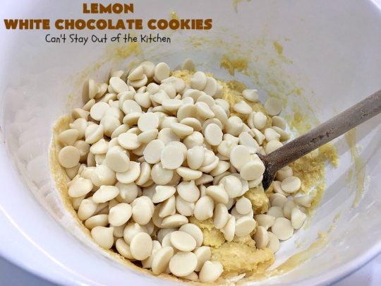 Lemon White Chocolate Cookies | Can't Stay Out of the Kitchen | super easy 4-ingredient #recipe with a #lemon #CakeMix & #WhiteChocolateChips Wonderful for #tailgating parties, potlucks & summer #holiday fun like #FourthOfJuly. #chocolate #cookies #LemonDessert #ChocolateDessert #LemonWhiteChocolateCookies
