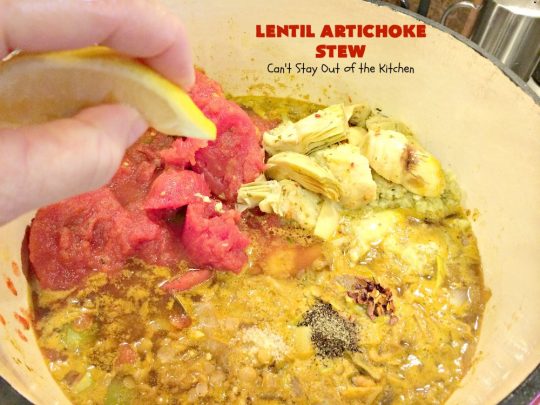 Lentil Artichoke Stew | Can't Stay Out of the Kitchen | This delectable #stew is filled with #lentils #tomatoes & #artichokes. It's wonderful comfort food for #fall or #winter. #vegan #glutenfree #cleaneating