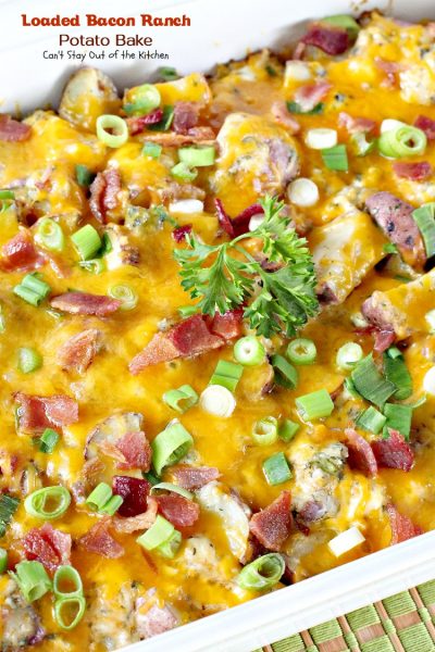 Loaded Bacon Ranch Potato Bake | Can't Stay Out of the Kitchen | this #potato #casserole is loaded with all the things you love on baked potatoes including a secret ingredient: #HiddenValley #RanchDressingMix #bacon #cheddarcheese #glutenfree