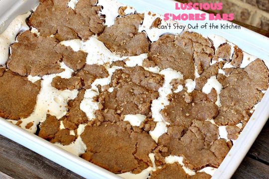 Luscious S'Mores Bars | Can't Stay Out of the Kitchen | these spectacular #Smores #cookies are heavenly. Every bite will have you drooling! They have a #grahamcracker crust layer, a #Hersheys #chocolate layer, a #marshmallowcream layer & topped with another graham cracker layer. Fantastic #dessert for any occasion. #tailgating #SmoresDessert #chocolatedessert #brownie