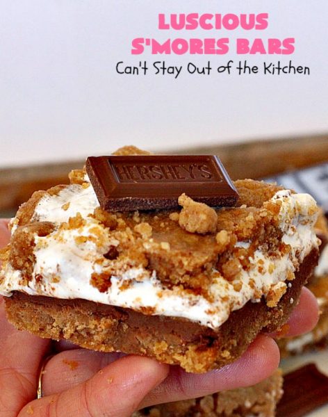 Luscious S'Mores Bars | Can't Stay Out of the Kitchen | these spectacular #Smores #cookies are heavenly. Every bite will have you drooling! They have a #grahamcracker crust layer, a #Hersheys #chocolate layer, a #marshmallowcream layer & topped with another graham cracker layer. Fantastic #dessert for any occasion. #tailgating #SmoresDessert #chocolatedessert #brownie
