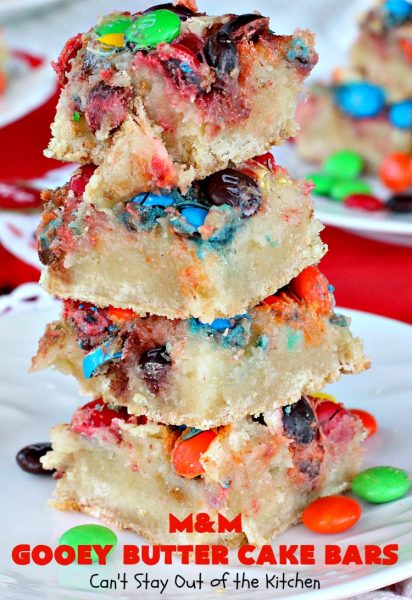 M&M Gooey Butter Cake Bars | Can't Stay Out of the Kitchen | these fabulous #Gooey ButterCake #cookies are rich and heavenly. Every bite will have you drooling. Adding #MMs is so scrumptious. Terrific #dessert for #MemorialDay or other summer #holiday fun. #brownie #chocolate #ChocolateDessert #MMDessert