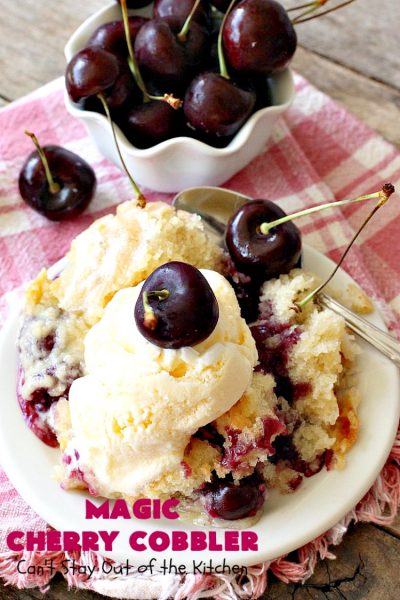 Magic Cherry Cobbler | Can't Stay Out of the Kitchen | this spectacular #dessert is magical! It has a layer of fresh #cherries, topping sprinkled with sugar & finally boiling water poured over top before baking. All the ingredients come together magically in a heavenly #cherrycobbler #recipe.