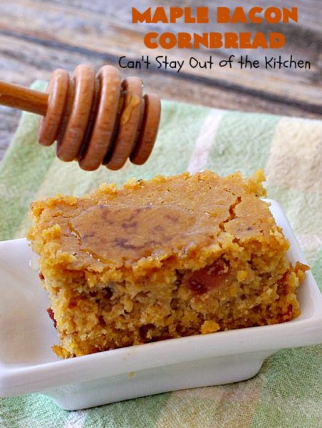 Maple Bacon Cornbread | Can't Stay Out of the Kitchen | We loved this amazing #cornbread. It uses honey, #maplesyrup, molasses & uncured nitrate-free #bacon. Perfect for dunking in chili or soup. #glutenfree