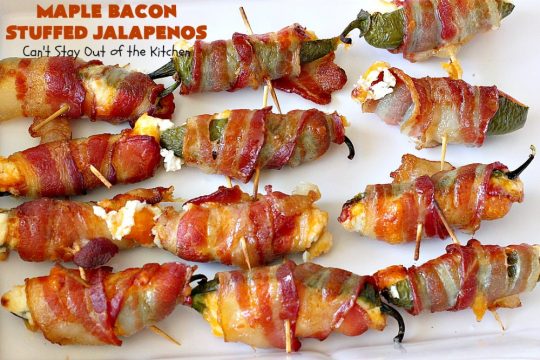 Maple Bacon Stuffed Jalapenos | Can't Stay Out of the Kitchen | this spectacular #appetizer is a 6 ingredient #recipe. #Bacon wrapped #jalapenos are stuffed with #creamcheese & #cheddarcheese & drizzled with #maplesyrup after baking. Our company loved them! They're perfect for any #holiday party or potluck. #appetizer #glutenfree #tailgating