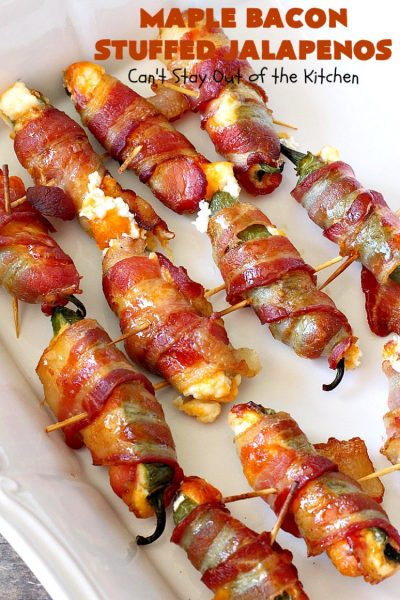 Maple Bacon Stuffed Jalapenos | Can't Stay Out of the Kitchen | this spectacular #appetizer is a 6 ingredient #recipe. #Bacon wrapped #jalapenos are stuffed with #creamcheese & #cheddarcheese & drizzled with #maplesyrup after baking. Our company loved them! They're perfect for any #holiday party or potluck. #appetizer #glutenfree #tailgating