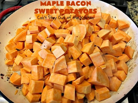 Maple Bacon Sweet Potatoes | Can't Stay Out of the Kitchen | easy 4-ingredient #sweetpotatoes #recipe that will knock your socks off! The #bacon makes it succulent & amazing. #glutenfree