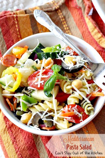 Mediterranean Pasta Salad | Can't Stay Out of the Kitchen | this fabulous #pastasalad is great for potlucks or #holiday picnics. It has a delicious homemade basil #vinaigrette. #salad