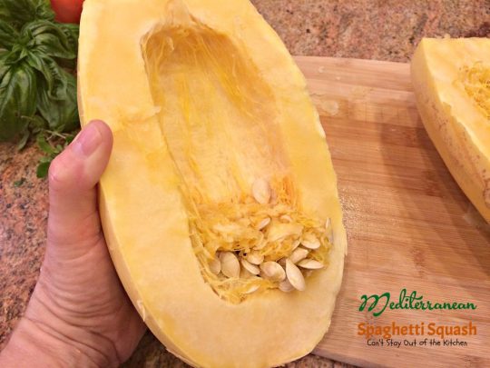 Mediterranean Spaghetti Squash | Can't Stay Out of the Kitchen | mouthwatering #MeatlessMonday dish that's healthy, #glutenfree and #vegan. You'll love the Mediterranean flavors.