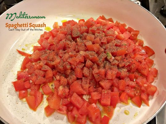 Mediterranean Spaghetti Squash | Can't Stay Out of the Kitchen | mouthwatering #MeatlessMonday dish that's healthy, #glutenfree and #vegan. You'll love the Mediterranean flavors.