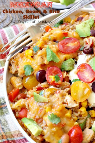Mexican Chicken, Beans and Rice Skillet | Can't Stay Out of the Kitchen | this fantastic one-dish #TexMex skillet entree is one of the BEST you'll ever eat. Ready in about 40 minutes so it's perfect for weeknight meals. #chicken #glutenfree #avocados 