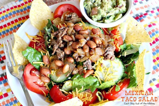 Mexican Taco Salad | Can't Stay Out of the Kitchen | dynamite #TexMex #salad with spicy #groundbeef, #pintobeans, #cheese & tortilla chips. Great for summer potlucks. #glutenfree