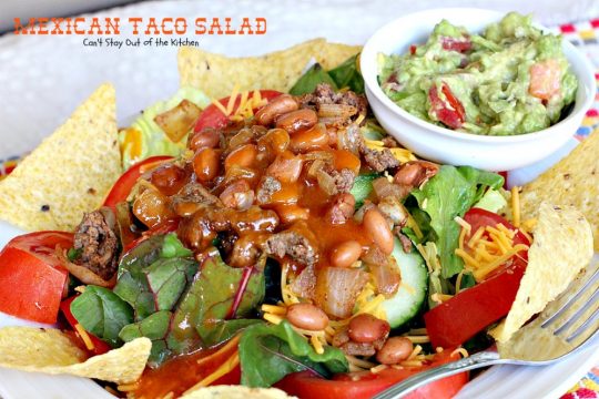 Mexican Taco Salad | Can't Stay Out of the Kitchen | dynamite #TexMex #salad with spicy #groundbeef, #pintobeans, #cheese & tortilla chips. Great for summer potlucks. #glutenfree