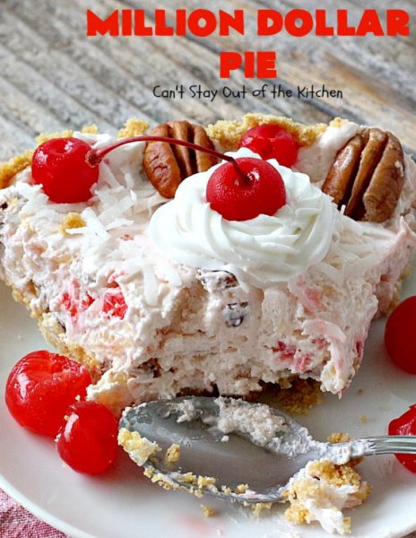 Million Dollar Pie | Can't Stay Out of the Kitchen | this creamy #pie is so spectacular you will find yourself drooling over every bite! It's really easy too. #dessert #cherries #pineapple #coconut