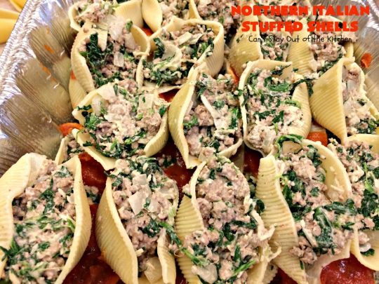 Northern Italian Stuffed Shells | Can't Stay Out of the Kitchen | tremendous #PaulaDeen #pasta #recipe that's out of this world! This one uses #beef, #spinach, both #creamcheese & #parmesancheese. Makes 2 large #casseroles so you can freeze one for later. #stuffedshells #Italian