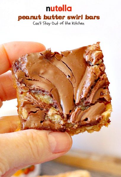 Nutella Peanut Butter Swirl Bars | Can't Stay Out of the Kitchen | these fantastic #brownies use a #peanutbutter #cookie dough with #Nutella swirled into the batter. This #dessert is heavenly! #tailgating