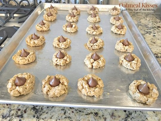 Oatmeal Kisses | Can't Stay Out of the Kitchen | These delightful #oatmeal #cookies have a hint of #cinnamon and a #Hershey'skiss pressed in the center of each one. #dessert #chocolate