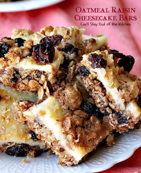 Oatmeal Raisin Cheesecake Bars | Can't Stay Out of the Kitchen | traditional #oatmealraisin #cookies with a luscious #cheesecake layer make for a #brownie to die for! #dessert