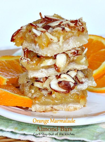 Orange Marmalade Almond Bars | Can't Stay Out of the Kitchen | these amazing bars have a shortbread crust, #orangemarmalade filling & #almonds on top. Great #dessert for #holiday baking. #cookie