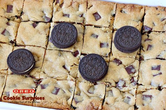 Oreo Cookie Surprises | Can't Stay Out of the Kitchen | these #brownies are divine! #Oreo #cookies are sandwiched between #Mrs.Fields #chocolate chip cookie dough! Best #dessert ever! Great for #MothersDay & other #holidays.