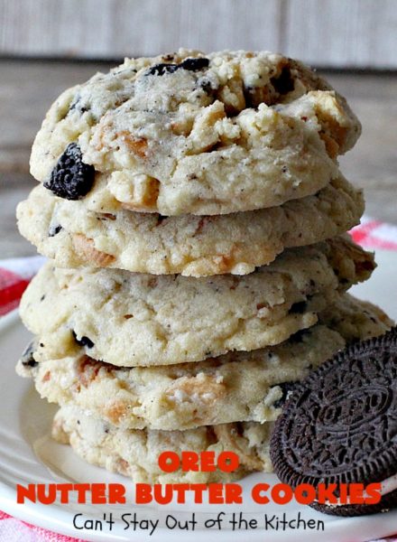 Oreo Nutter Butter Cookies | Can't Stay Out of the Kitchen | these outrageous #cookies have #Oreos & #NutterButterBites. They're perfect for any kid's party, potluck or #tailgating party. #chocolate #dessert #peanutbutter #ChocolateDessert #OreoDessert #PeanutButterDessert #NutterButterBitesDessert #Holiday #HolidayDessert