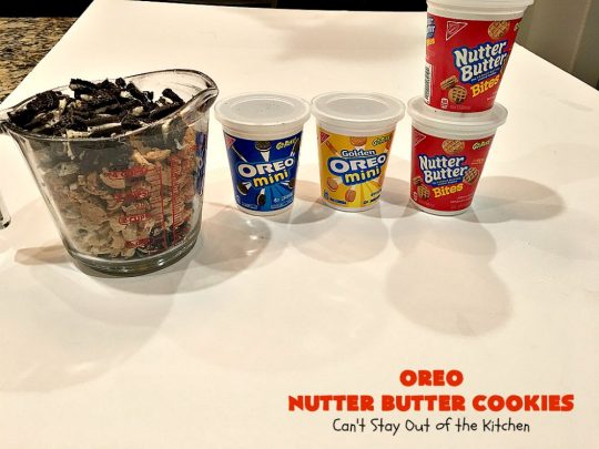 Oreo Nutter Butter Cookies | Can't Stay Out of the Kitchen | these outrageous #cookies have #Oreos & #NutterButterBites. They're perfect for any kid's party, potluck or #tailgating party. #chocolate #dessert #peanutbutter #ChocolateDessert #OreoDessert #PeanutButterDessert #NutterButterBitesDessert #Holiday #HolidayDessert