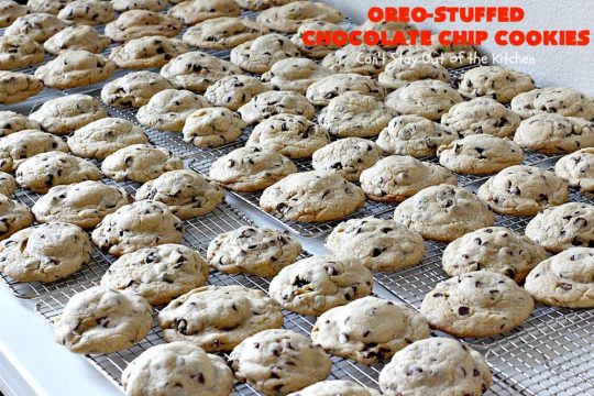 Oreo-Stuffed Chocolate Chip Cookies | Can't Stay Out of the Kitchen | these sensational #chocolate chip #cookies have an #Oreo buried in each cookie! They're so rich & decadent you'll be drooling after the first bite! Perfect for #Christmas cookie exchanges & #holiday parties. #dessert