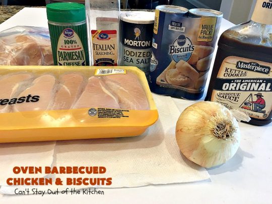 Oven Barbecued Chicken and Biscuits | Can't Stay Out of the Kitchen | this quick & easy 7-ingredient #chicken entree is perfect for weeknights when you're short on time. It only takes 5 minutes to prepare. This kid-friendly #casserole is absolutely mouthwatering. Our company loved it. #biscuits #BBQ #parmesancheese #BBQChicken 